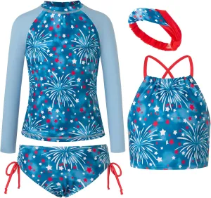 GRACE KARIN Girls Swimsuit Tankini Set Rash Guard Long Sleeve Swimsuit 4 Piece Bathing Suit Swimwear 5-14Y