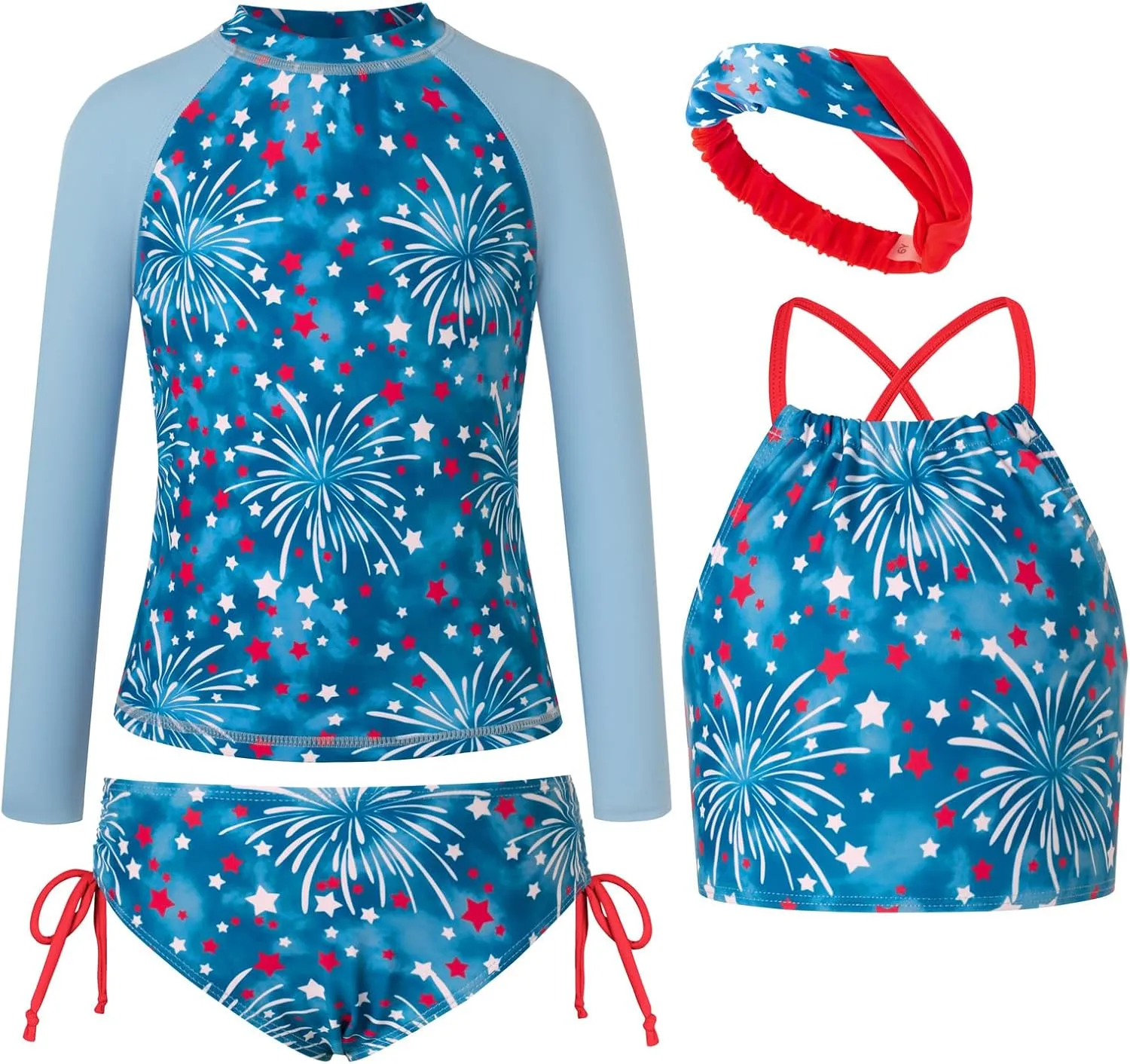 GRACE KARIN Girls Swimsuit Tankini Set Rash Guard Long Sleeve Swimsuit 4 Piece Bathing Suit Swimwear 5-14Y