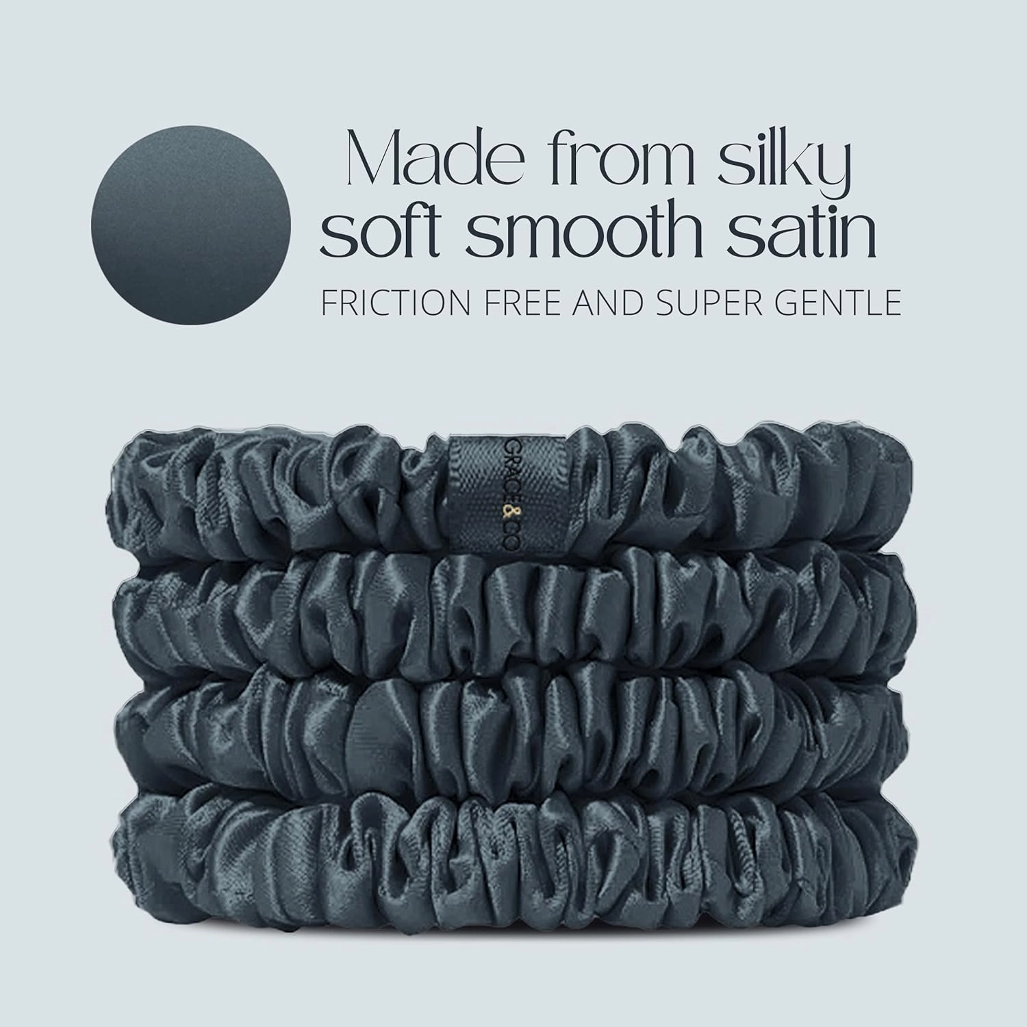 GRACE & COMPANY Pure Satin Scrunchies - Silky Smooth Friction Free Anti-frizz Hair Scrunchies For Healthier Hair (Midnight, Pack of 4)