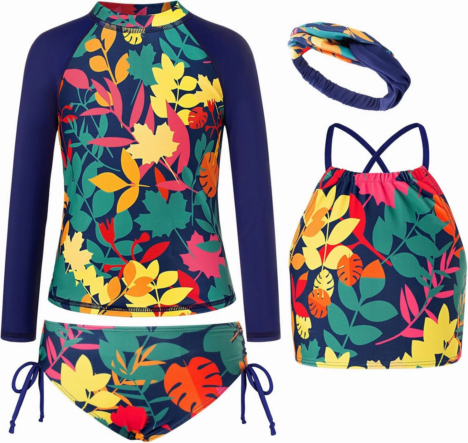GRACE KARIN Girls Swimsuit Tankini Set Rash Guard Long Sleeve Swimsuit 4 Piece Bathing Suit Swimwear 5-14Y