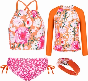 GRACE KARIN Girls Swimsuit Tankini Set Rash Guard Long Sleeve Swimsuit 4 Piece Bathing Suit Swimwear 5-14Y