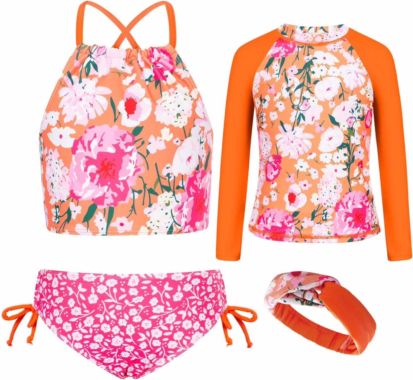 GRACE KARIN Girls Swimsuit Tankini Set Rash Guard Long Sleeve Swimsuit 4 Piece Bathing Suit Swimwear 5-14Y