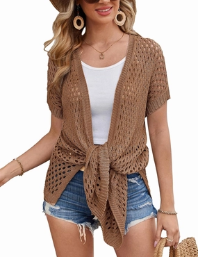 GRACE KARIN Mesh Cardigan Sweaters for Women Crochet Short Sleeve Open-Front Long Cardigan Cover ups Knitted Sheer Tops