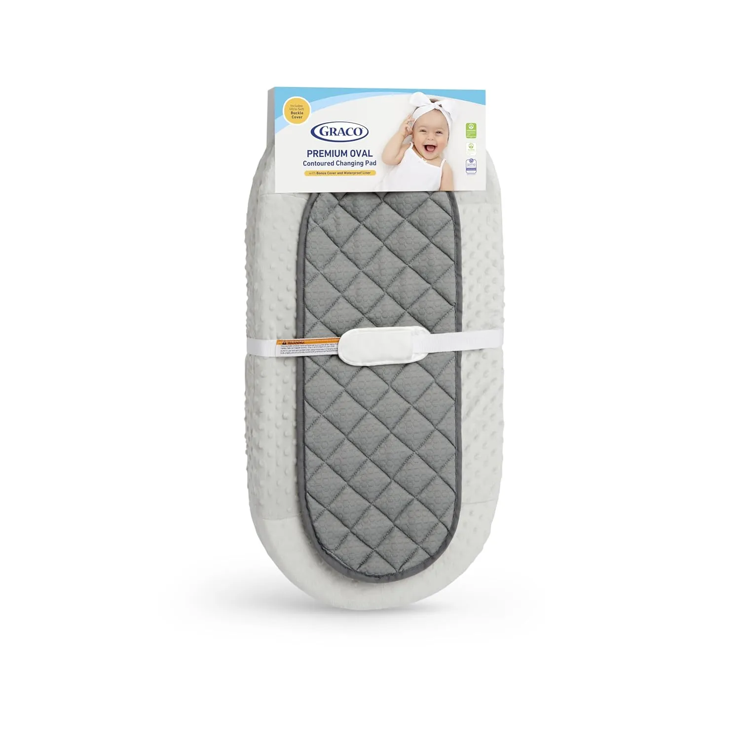 Graco Premium Oval Contoured Changing Pad with Bonus Cover and Water-Resistant Liner – GREENGUARD Gold Certified, Cocoon-Like Oval Contoured Shape, Fits All Standard Changing Toppers, Ultra-Soft Cover