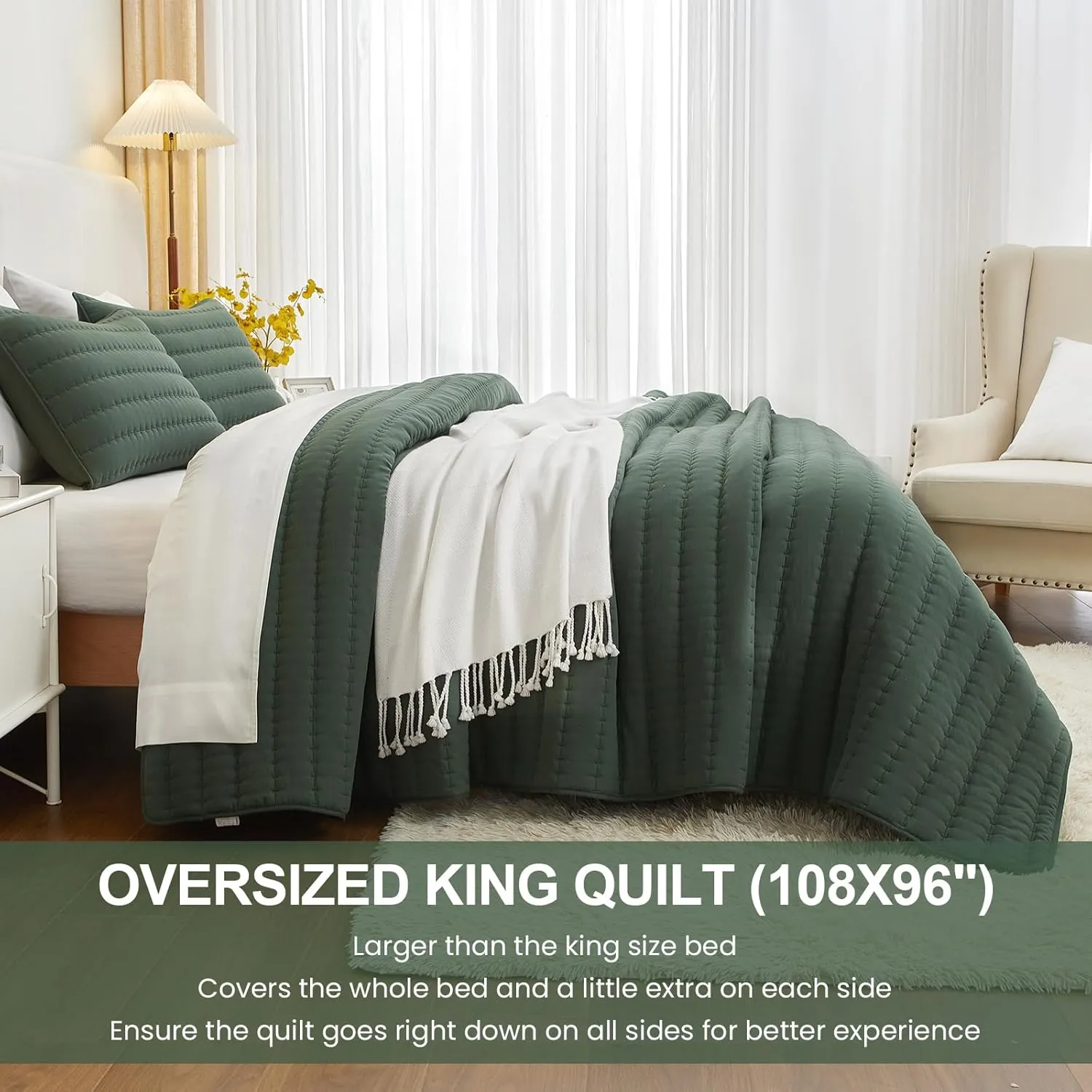 Green King Size Quilt Bedding Set, Reversible Lightweight Bed Spreads Oversized King Quilted Bedspread for All Seasons, Soft Washable, 3 Pieces, 1 Quilt (108x96 in) & 2 Pillow Shams (20x36 in)