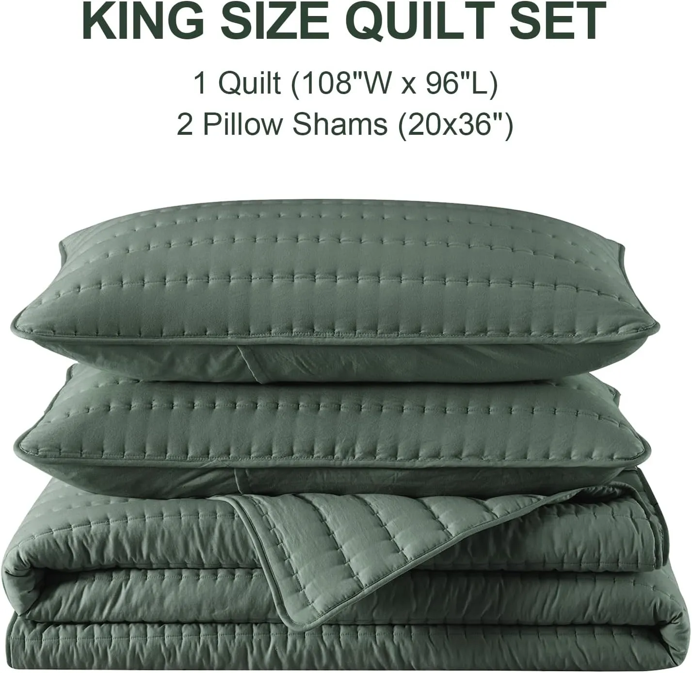 Green King Size Quilt Bedding Set, Reversible Lightweight Bed Spreads Oversized King Quilted Bedspread for All Seasons, Soft Washable, 3 Pieces, 1 Quilt (108x96 in) & 2 Pillow Shams (20x36 in)
