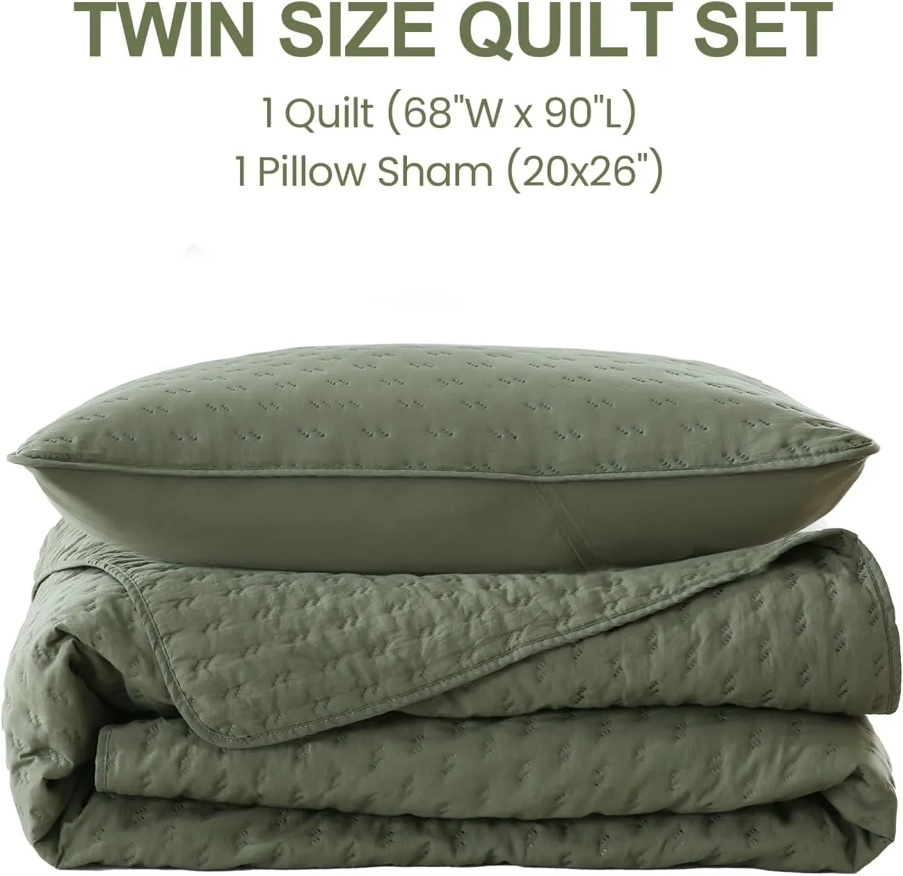 Green Quilt Bedding Set with Pillow Sham, Breathable Lightweight Bed Spread, Soft Oversized Bedspread Coverlets for Twin Bed, All Seasons, 2 Pieces, 1 Quilt (68x90), 1 Pillow Sham (20x26)