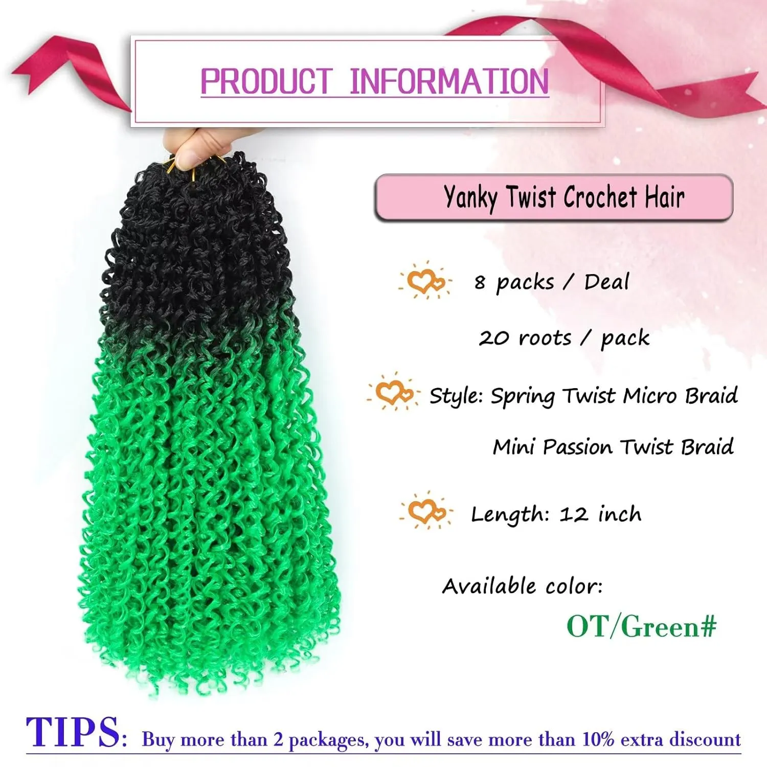 Green Yanky Twist Crochet Hair Pre-looped 8Packs 12inch Pre-twisted Spring Mini Twist Crochet Braid Mini Senegalese Twist Braids Crochet Hair for Black Women #OT/Green