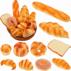 Gresorth 10 PCS Fake Bread Set Artificial Loaf Decoration Lifelike Croissant Donut Cake Toast Slice Platter Ornament Realistic Food Model Photography Props Toy Kitchen Display