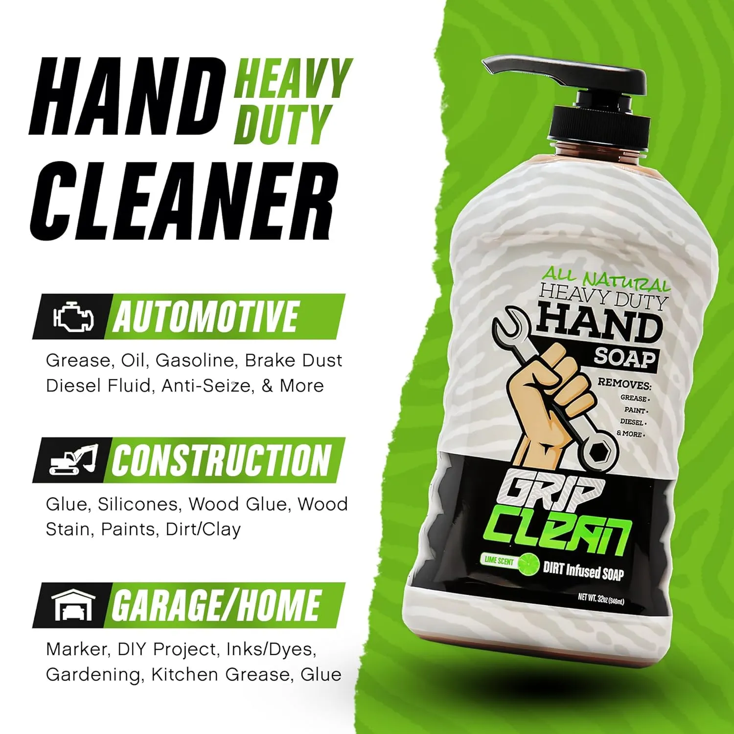 Grip Clean Hand Cleaner for Auto Mechanics, Heavy Duty Pumice Soap & Fingernail Brush, Tool Shop, Garage, Commercial, All Natural, Men, Women, Grit Cleansing, Sensitive Skin - 32oz Pump Top & Brush