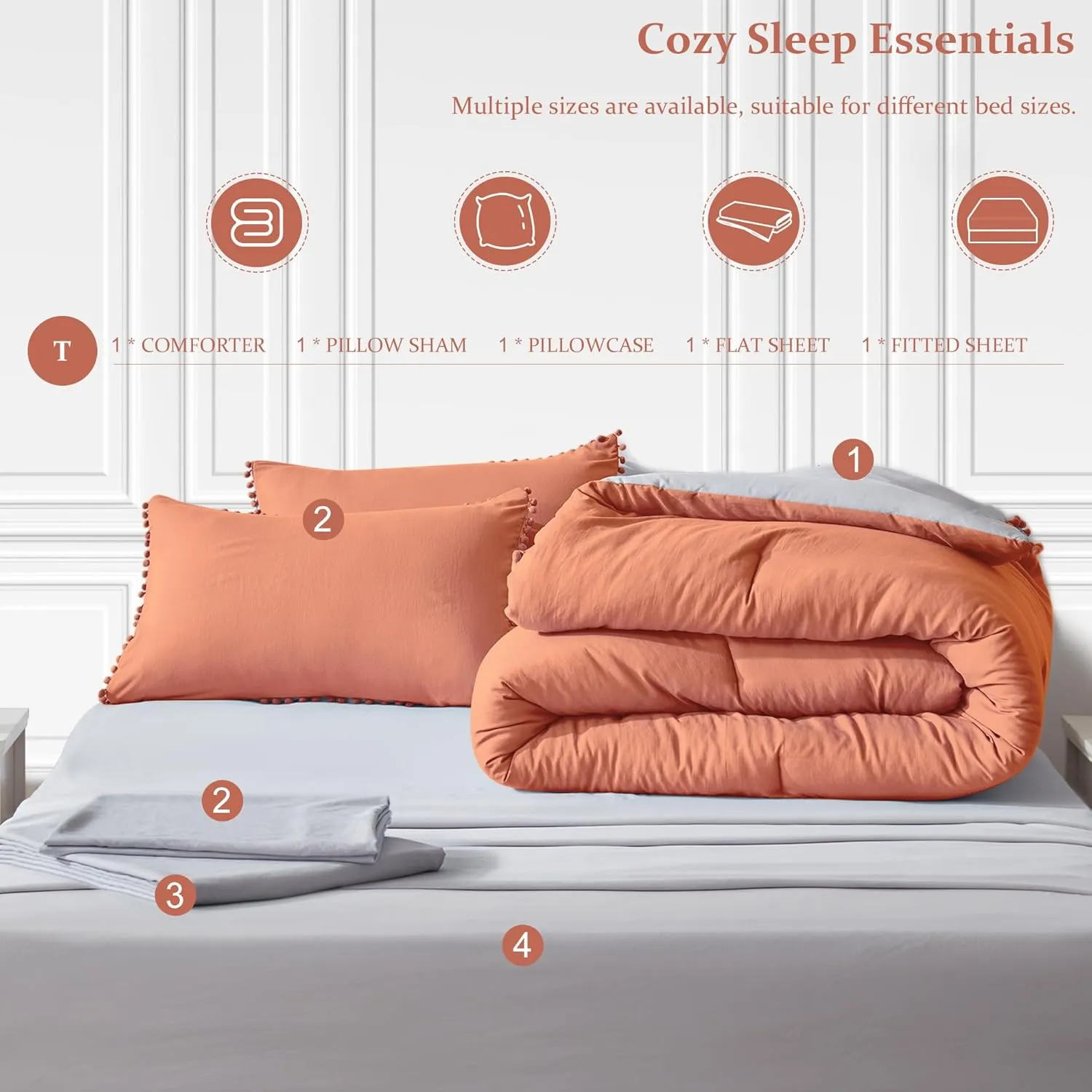 GRT Twin Bed in a Bag 5-Pieces Reversible Comforter Set Twin, Pom Pom Fringe Bedding Comforter Set Terracotta Bed Set with Comforter, Pillow Shams, Flat Sheet, Fitted Sheet and Pillowcases