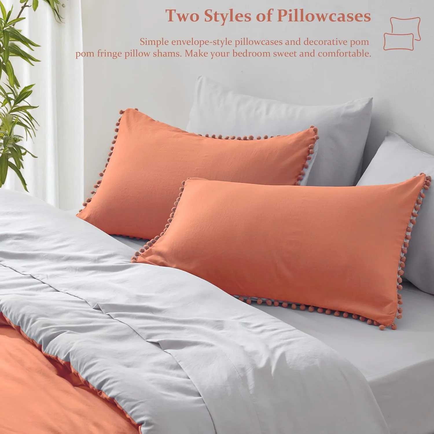GRT Twin Bed in a Bag 5-Pieces Reversible Comforter Set Twin, Pom Pom Fringe Bedding Comforter Set Terracotta Bed Set with Comforter, Pillow Shams, Flat Sheet, Fitted Sheet and Pillowcases