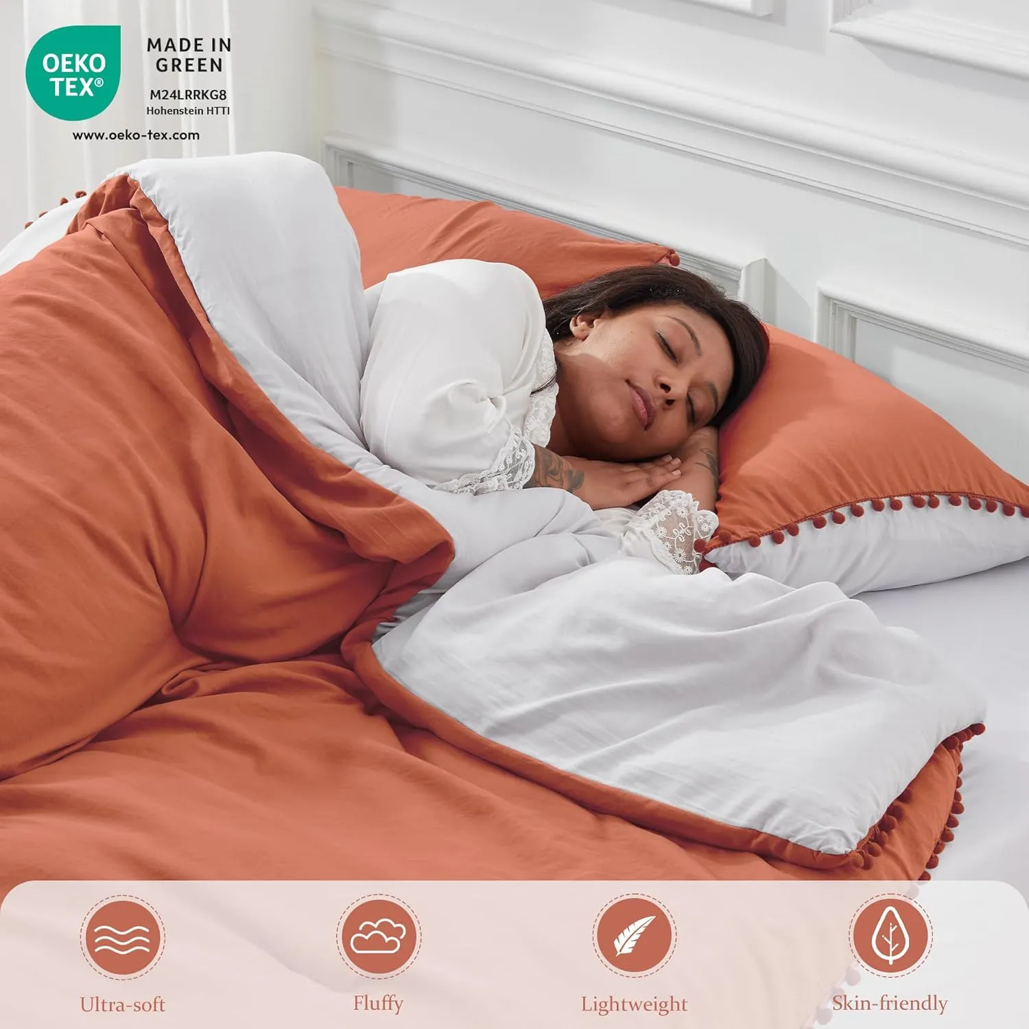 GRT Twin Bed in a Bag 5-Pieces Reversible Comforter Set Twin, Pom Pom Fringe Bedding Comforter Set Terracotta Bed Set with Comforter, Pillow Shams, Flat Sheet, Fitted Sheet and Pillowcases