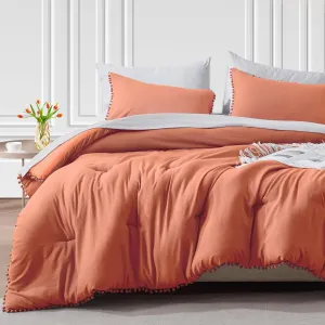 GRT Twin Bed in a Bag 5-Pieces Reversible Comforter Set Twin, Pom Pom Fringe Bedding Comforter Set Terracotta Bed Set with Comforter, Pillow Shams, Flat Sheet, Fitted Sheet and Pillowcases
