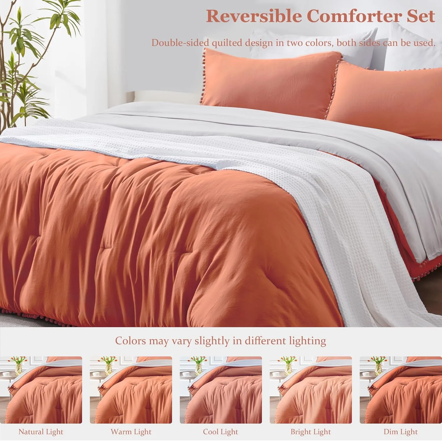 GRT Twin Bed in a Bag 5-Pieces Reversible Comforter Set Twin, Pom Pom Fringe Bedding Comforter Set Terracotta Bed Set with Comforter, Pillow Shams, Flat Sheet, Fitted Sheet and Pillowcases