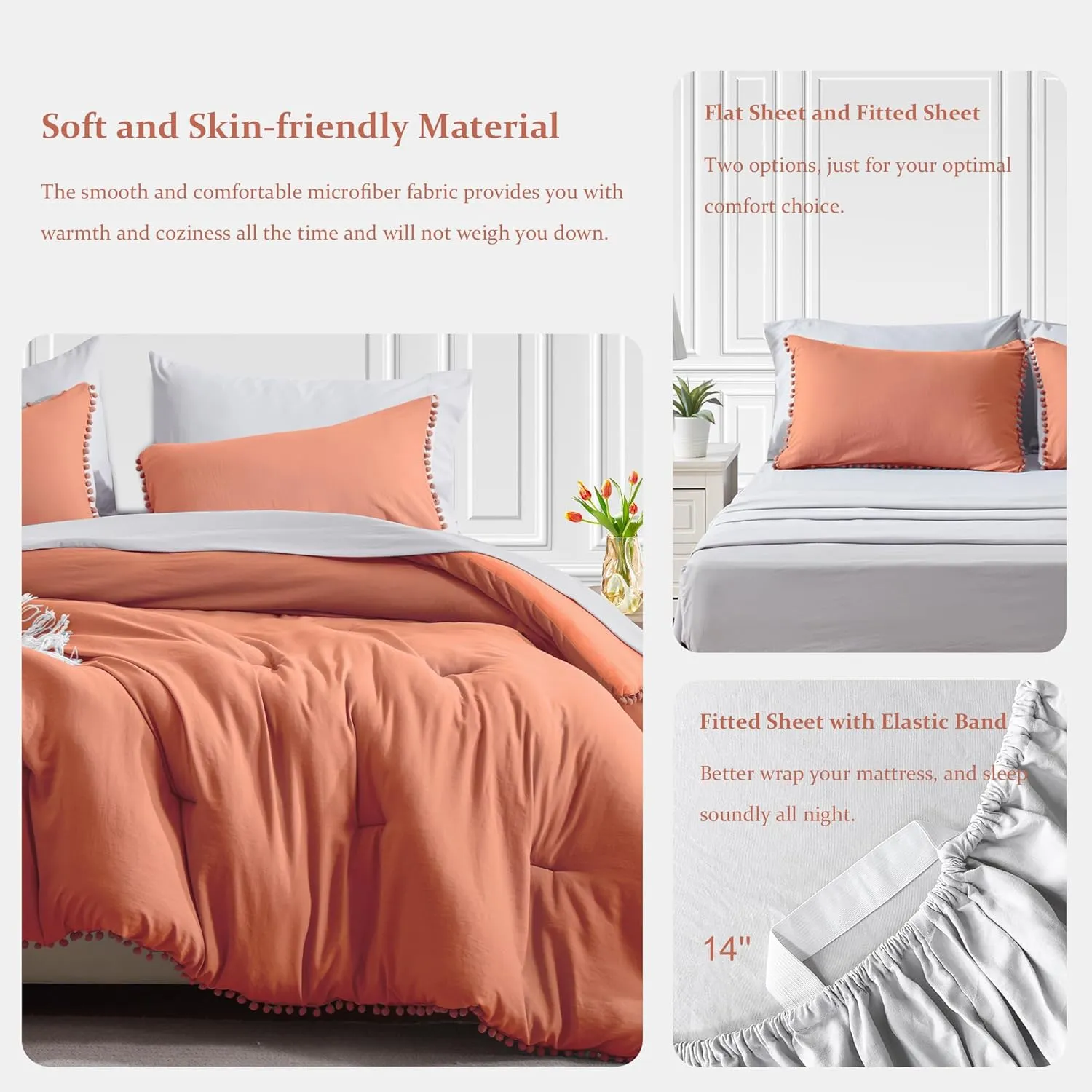 GRT Twin Bed in a Bag 5-Pieces Reversible Comforter Set Twin, Pom Pom Fringe Bedding Comforter Set Terracotta Bed Set with Comforter, Pillow Shams, Flat Sheet, Fitted Sheet and Pillowcases