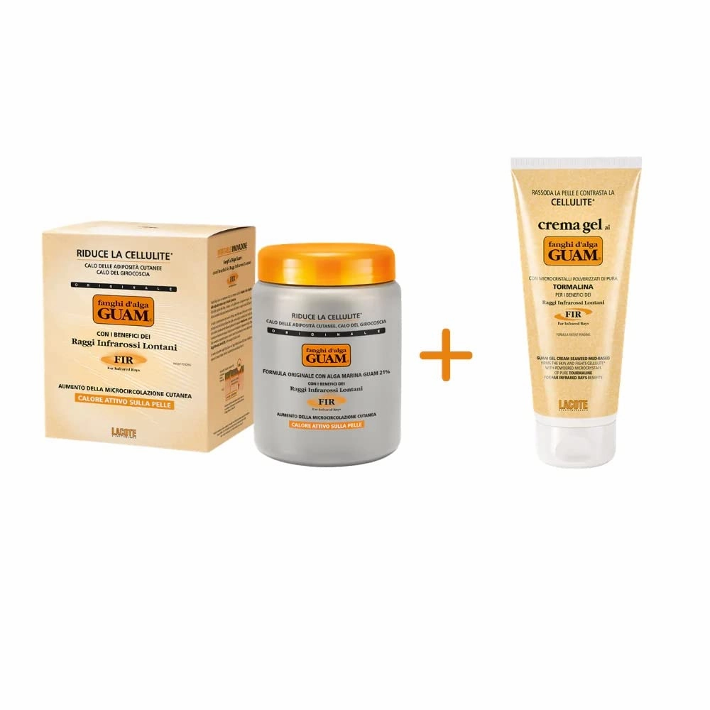 GUAM Cellulite Remover Kit, Cellulite Treatment Set, Bundle Pack 2-in-1: Hot Seaweed Mud Body Wrap with Tourmaline, FIR 1KG   Skin Tightening Cream Gel, FIR 250 ML