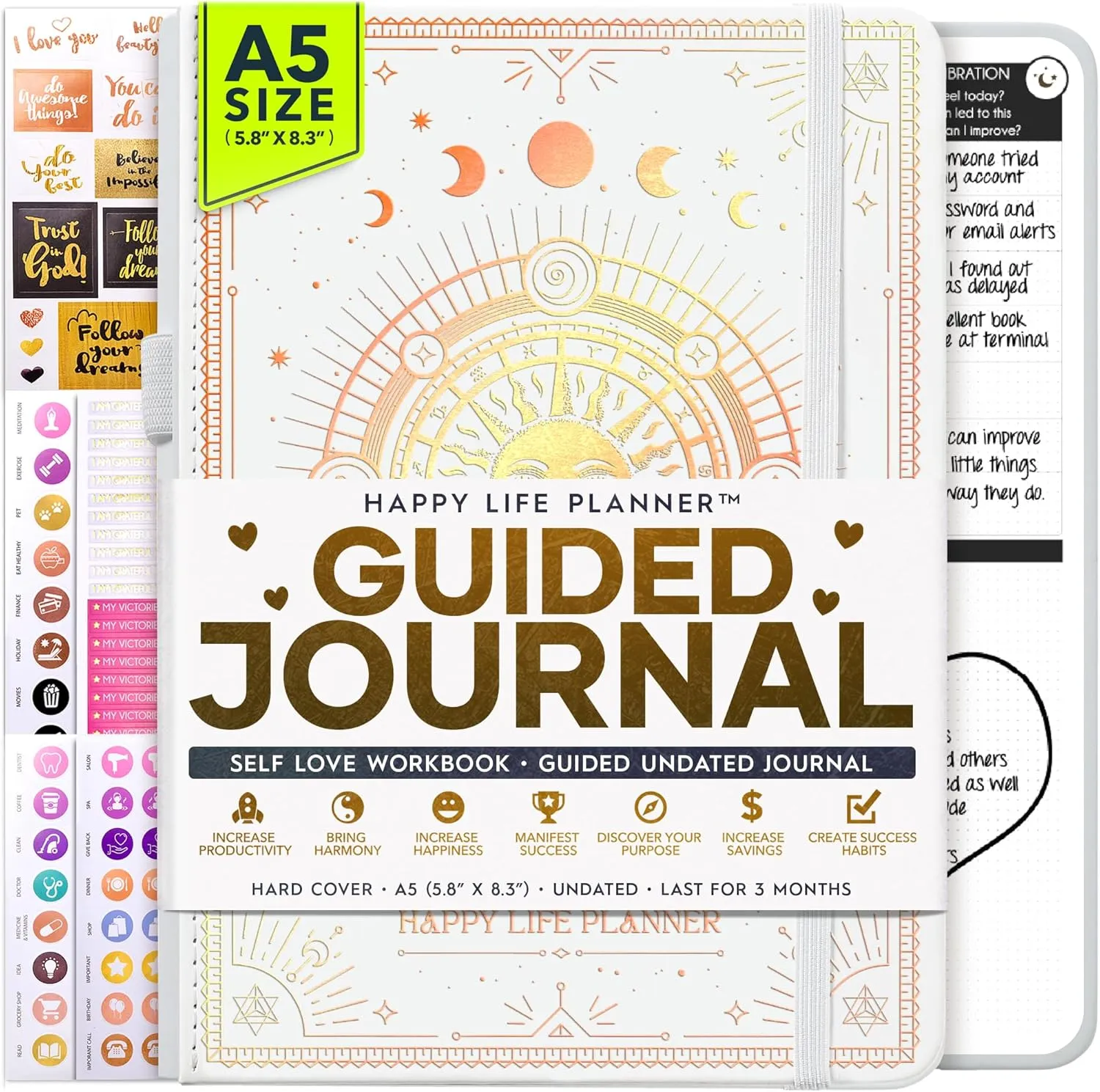 Guided Journal - Gratitude & Mental Health Journal for 5 Minute Daily | 90-Day Undated Planner for Positivity & Manifestation | Guided Mindfulness, Self Care & Reflection | Vision Board   Stickers