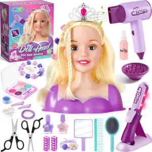 Hair Styling Doll Head Makeup Kit for Girls Toys, Hair Salon Toys & Real Makeup Nail Polish, Kid Beauty Hair Stylist with Hairdryer Curling Iron, Birthday Gift for Girl 3 4 5 6 7 8  Year Old Toy