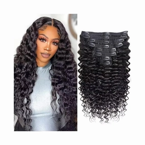 Hair Extensions Clip In Human Hair Extensions 10-26 Inch Long Deep Wave Clip In Extensions 8Pcs 120g Natural Black Wave Curly Brazilian Remy Hair Extensions Hair Pieces(14 Inch)