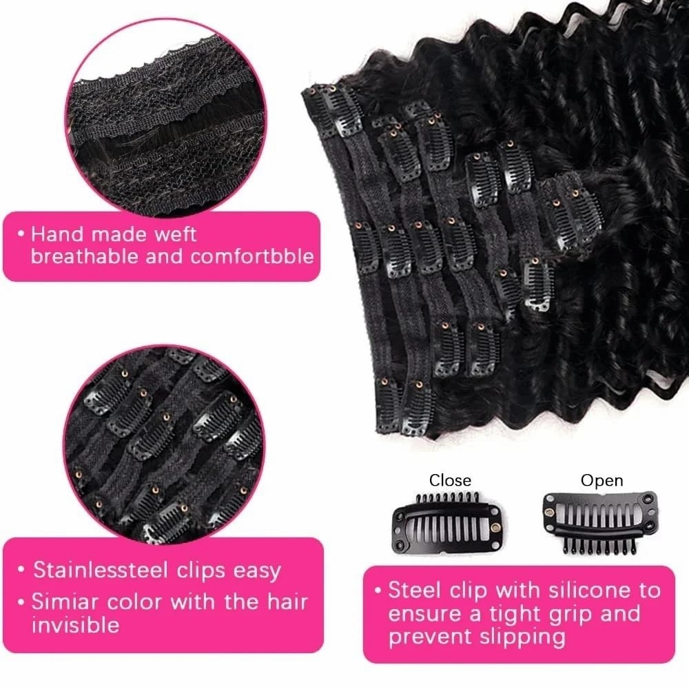 Hair Extensions Clip In Human Hair Extensions 10-26 Inch Long Deep Wave Clip In Extensions 8Pcs 120g Natural Black Wave Curly Brazilian Remy Hair Extensions Hair Pieces(14 Inch)