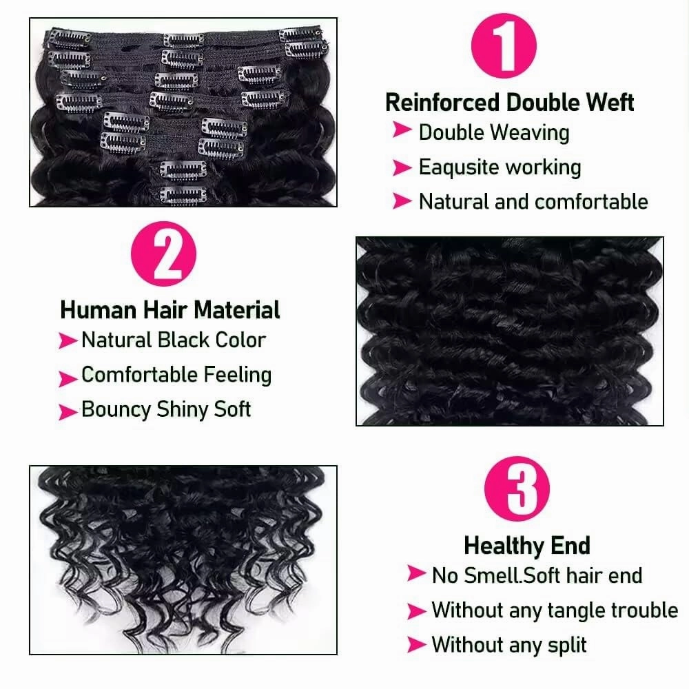 Hair Extensions Clip In Human Hair Extensions 10-26 Inch Long Deep Wave Clip In Extensions 8Pcs 120g Natural Black Wave Curly Brazilian Remy Hair Extensions Hair Pieces(14 Inch)