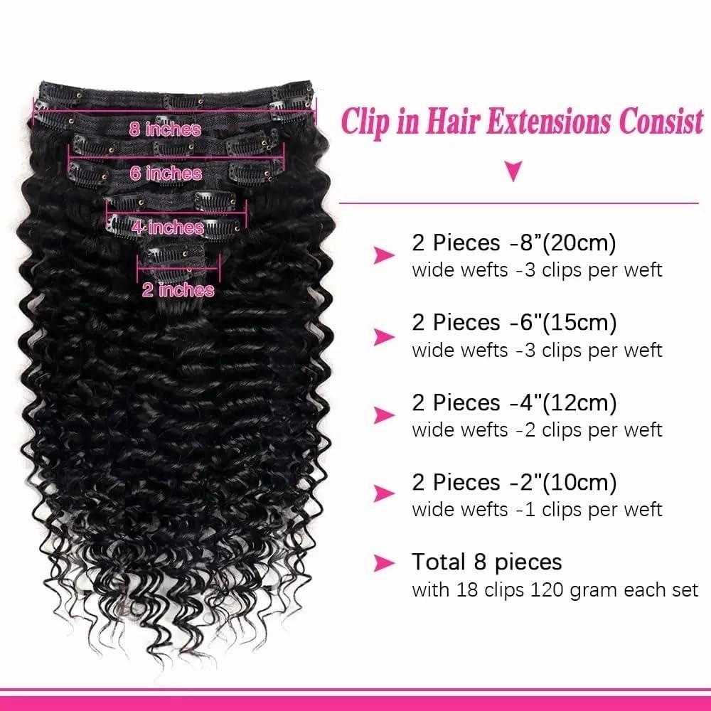 Hair Extensions Clip In Human Hair Extensions 10-26 Inch Long Deep Wave Clip In Extensions 8Pcs 120g Natural Black Wave Curly Brazilian Remy Hair Extensions Hair Pieces(14 Inch)