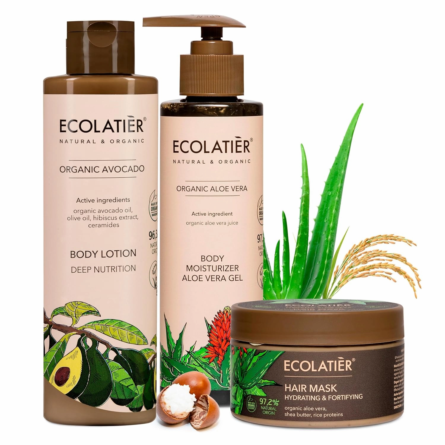 Hair Mask Aloe Vera, Shower Gel Avocado, and Body Moisturizer Gel Bundle – Deep Hydration, Nourishment, and Skin & Hair Care with Natural Ingredients