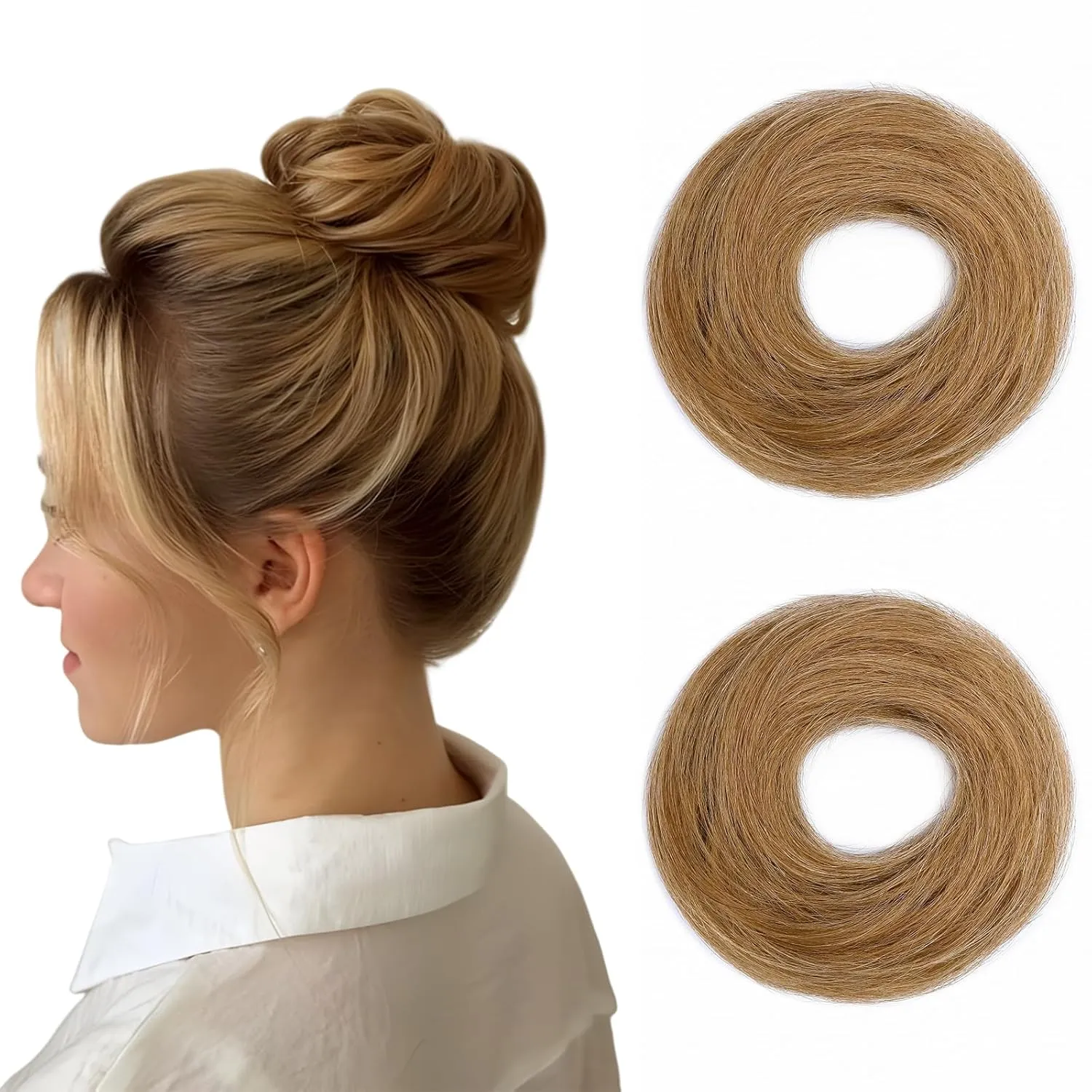 Hairro 2PCS Real Human Hair Messy Bun Extensions - Easy Updo Chignon Scrunchies in Golden Brown, 46g #12