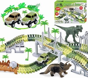 Haktoys Dinosaur Race Track Safari Playset with 2 Cars | Children's DIY Flexible & Interchangeable Tracks | Easy to Assemble Toy Set | Complete Educational Set with Dinosaurs and Accessories Included