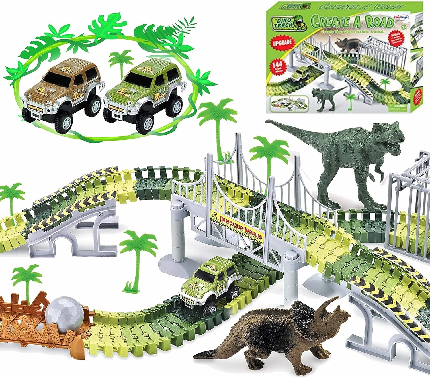 Haktoys Dinosaur Race Track Safari Playset with 2 Cars | Children's DIY Flexible & Interchangeable Tracks | Easy to Assemble Toy Set | Complete Educational Set with Dinosaurs and Accessories Included