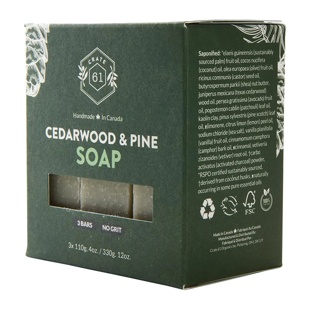 Handmade in Canada, Plant Based Cold Process Natural Bar Soap For Face And Body, With Premium Essential Oils, For Men And Women 3 Pack (Cedarwood Pine)