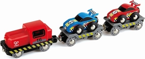 Hape Race Car Transporter | Six-Piece Wooden Toy Train Car Transport Set for Kids