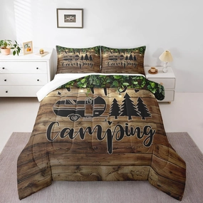 Happy Camping Twin Size Comforter Set for All Seasons,RV/Trailer Camper Bedding Set Teens Bedroom Decor,Brown Wooden Barn Door Comforter Inner Fill with 1 Pillowcase