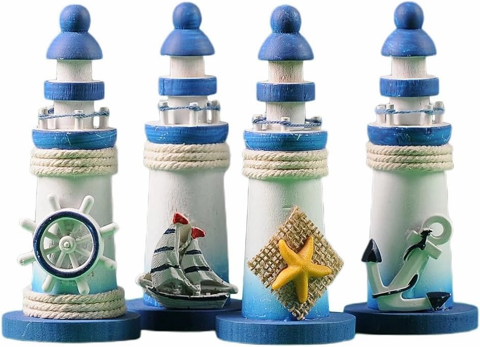 HEALLILY Tabletop Lighthouse Decor 4pcs miniture Lighthouse Figurines Mini Lighthouse Decor Mediterranean Figurines Ornaments Miniature Landscaping Decorations Wooden Mediterranean Ornament