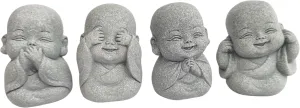 Hear No Evil Speak No Evil See No Evil Think No Evil Statues , 4-in-1 Mini Laughing Buddha Set for Spiritual, Feng Shui, Zen Decor,Cute Small Buddha Statue for Home and Aquarium Decor.With Amulet