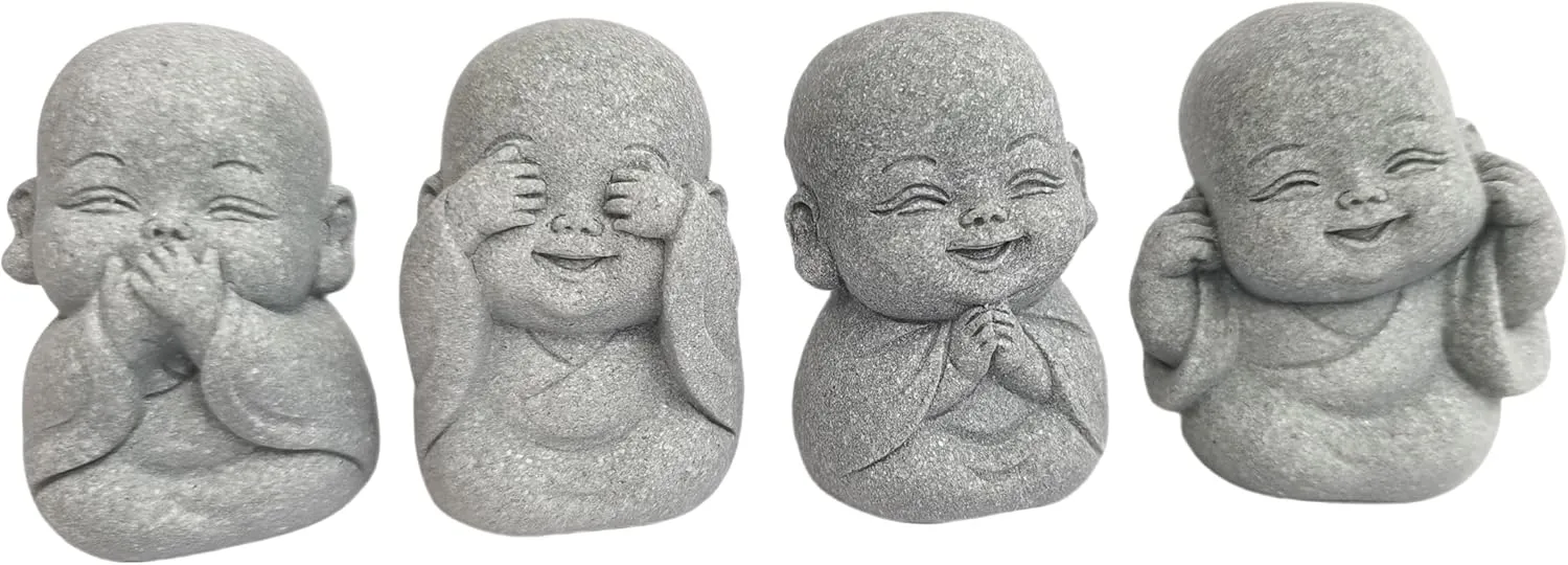 Hear No Evil Speak No Evil See No Evil Think No Evil Statues , 4-in-1 Mini Laughing Buddha Set for Spiritual, Feng Shui, Zen Decor,Cute Small Buddha Statue for Home and Aquarium Decor.With Amulet