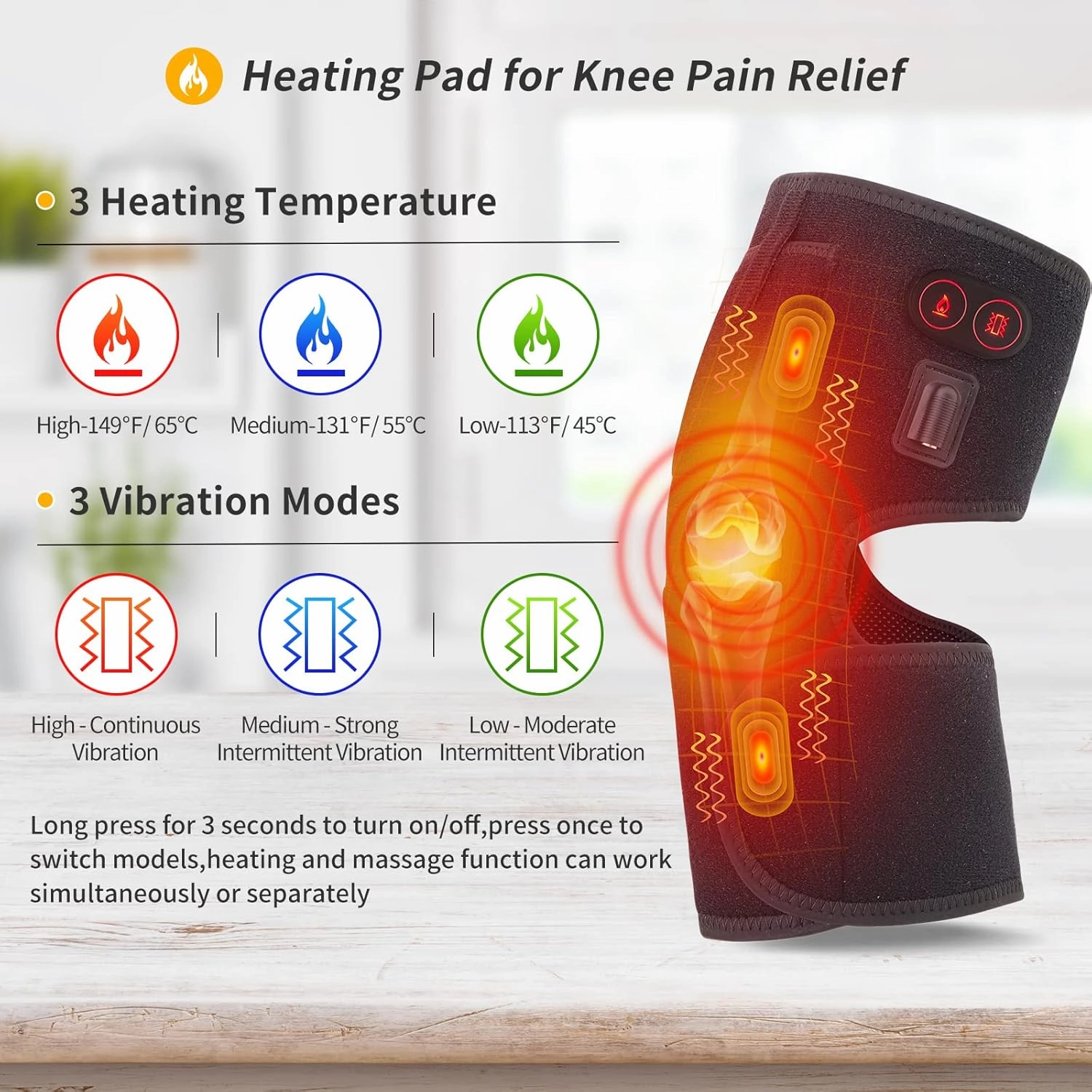Heated Knee Pad with Massager - Battery Powered Heating Knee Brace for Men Women Elders(Singel)