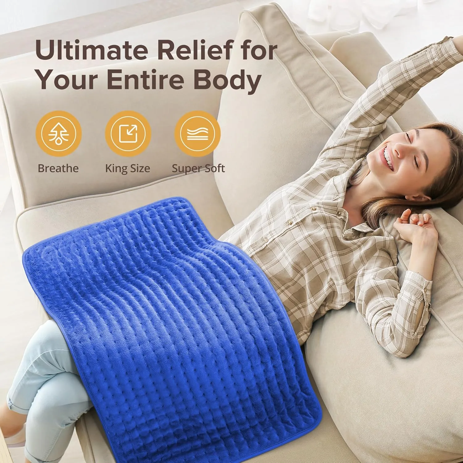Heating Pad for Back Pain Relief, 33'' x 17'' XXXL Electric Heating Pad for Neck and Shoulder Cramps with 6 InstaHeat Settings, Auto Off, Moist Dry Heat Therapy, Machine Washable