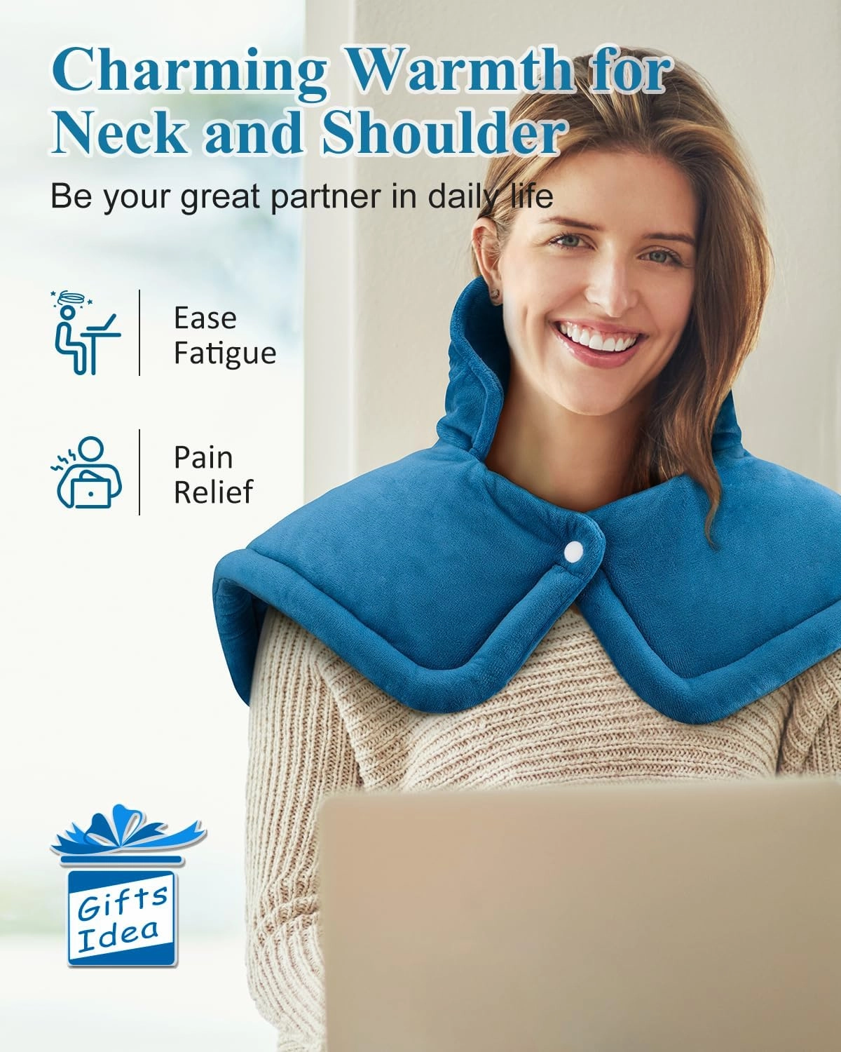 Heating Pad for Neck and Shoulder, Fathers Day Dad Gifts from Daughter Wife, Electric Weighted Heat Pad for Back Pain Relief, Anniversary Christmas Gifts for Men Women Mom Him Her, Blue