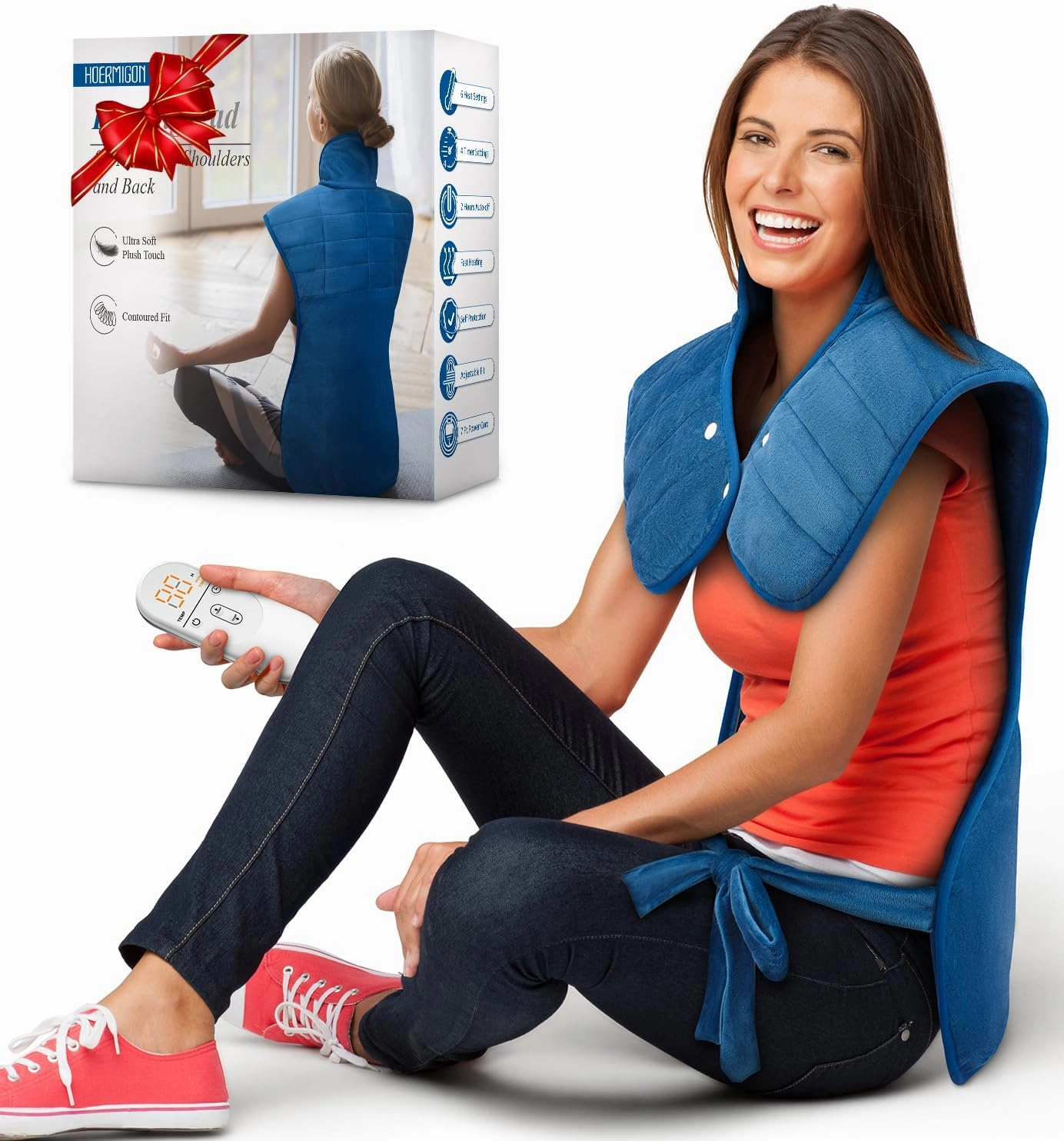 Heating Pad for Neck and Shoulders and Back, Mothers Day Gifts for Mom Wife, Birthday Gifts for Women Men, Weighted Heating Pad for Back Pain Relief, 6 Heat Settings 4 Timers Auto-Off, 22" x 37" Blue