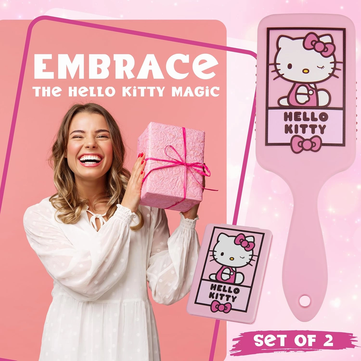Hello Kitty Detangle Hair Brush for Women, Teenagers, and Girls, Kawaii Hair Accessories - Cute Gifts for Her (Hello Kitty Brush & Mirror)