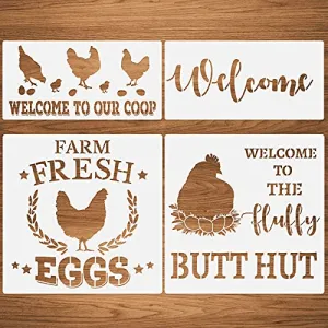 Hen Chicken Farmhouse Stencils, 4 Pcs Farm Eggs Hen Chicken Farmhouse Rustic Farmhouse Reusable Stencil for Painting on Wood Fabric Wall Furniture