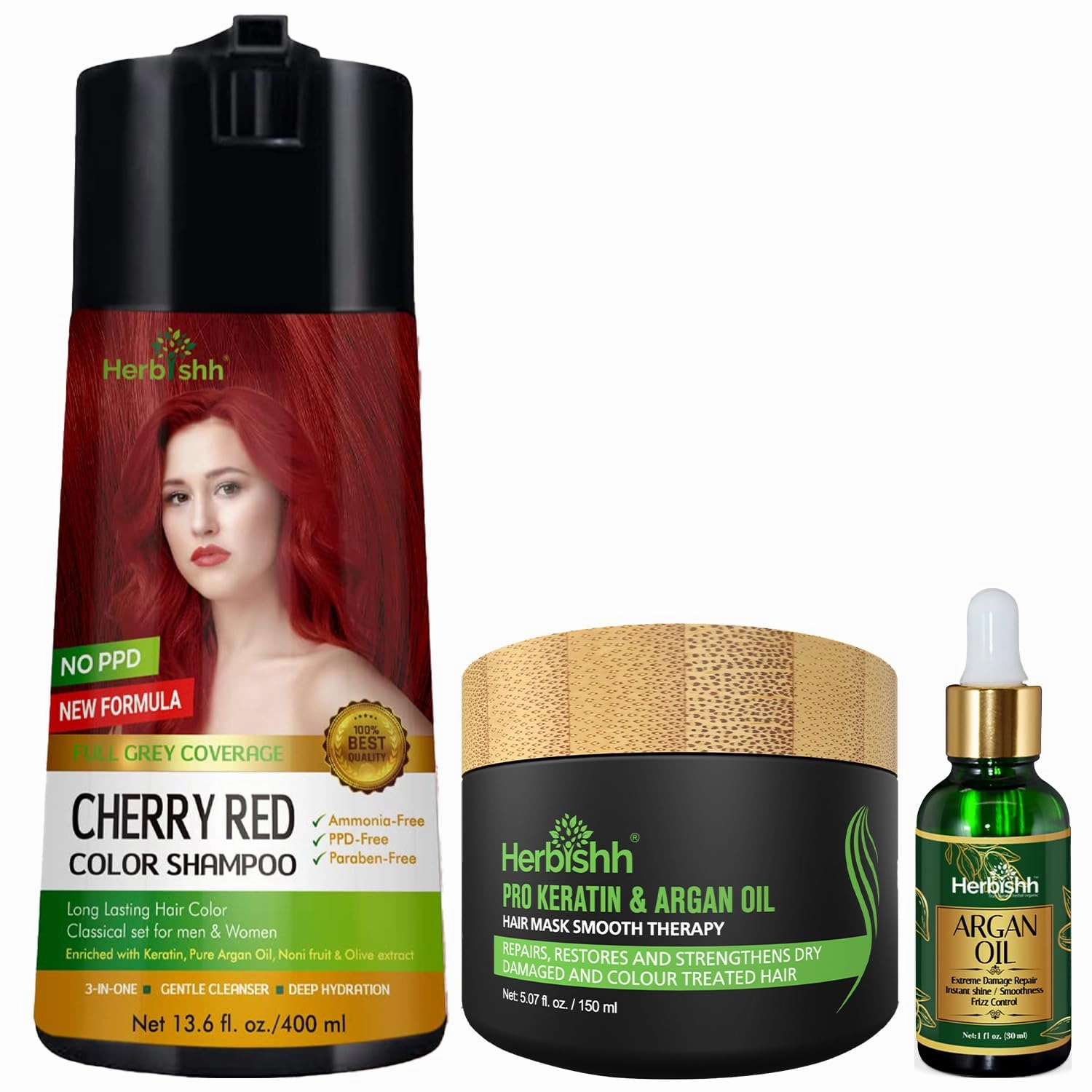 Herbishh C3 Combo (Color   Repair   Condition) with Hair Color Shampoo Cherry Red 400ml   Argan Oil 30ml and Hair Mask 150gm - Hair Dye Shampoo for Grey Hair | Gift Set for Parents, Men and Women |