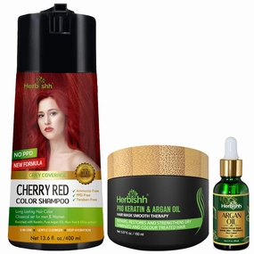 Herbishh C3 Combo (Color   Repair   Condition) with Hair Color Shampoo Cherry Red 400ml   Argan Oil 30ml and Hair Mask 150gm - Hair Dye Shampoo for Grey Hair | Gift Set for Parents, Men and Women |