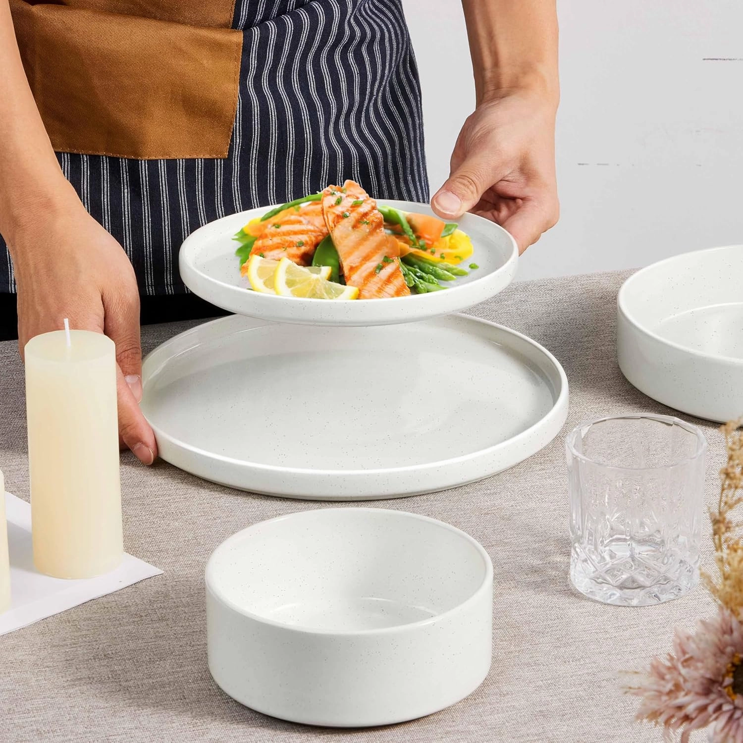 Herogo 8 Piece Dinnerware Sets with Pasta Bowls for 2, Dinner Salad Plates and Cereal Serving Bowls, Stoneware Dishes Dinner Ware for Kitchen Dinning, Chip & Scratch Resistant Dishware, Speckled White