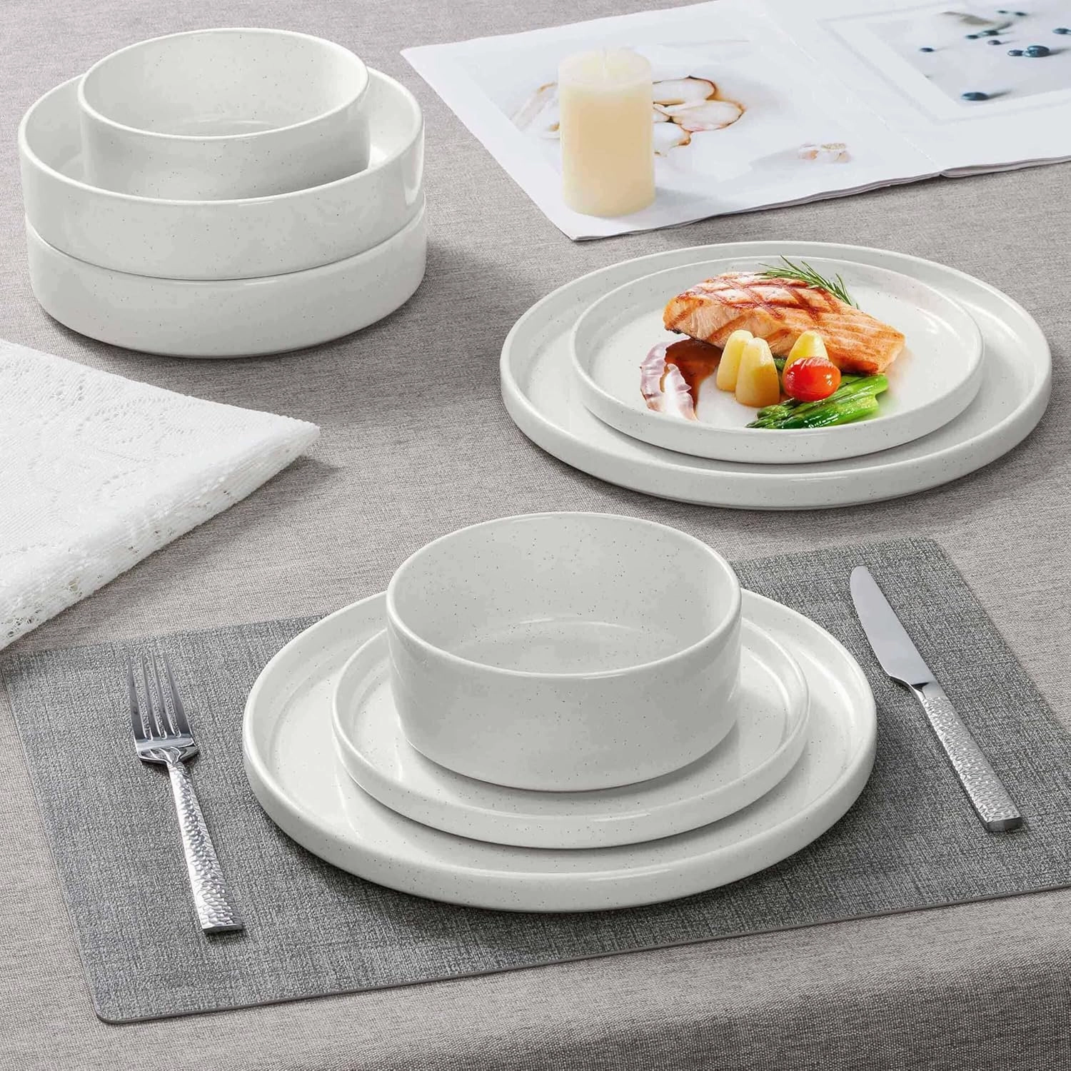 Herogo 8 Piece Dinnerware Sets with Pasta Bowls for 2, Dinner Salad Plates and Cereal Serving Bowls, Stoneware Dishes Dinner Ware for Kitchen Dinning, Chip & Scratch Resistant Dishware, Speckled White