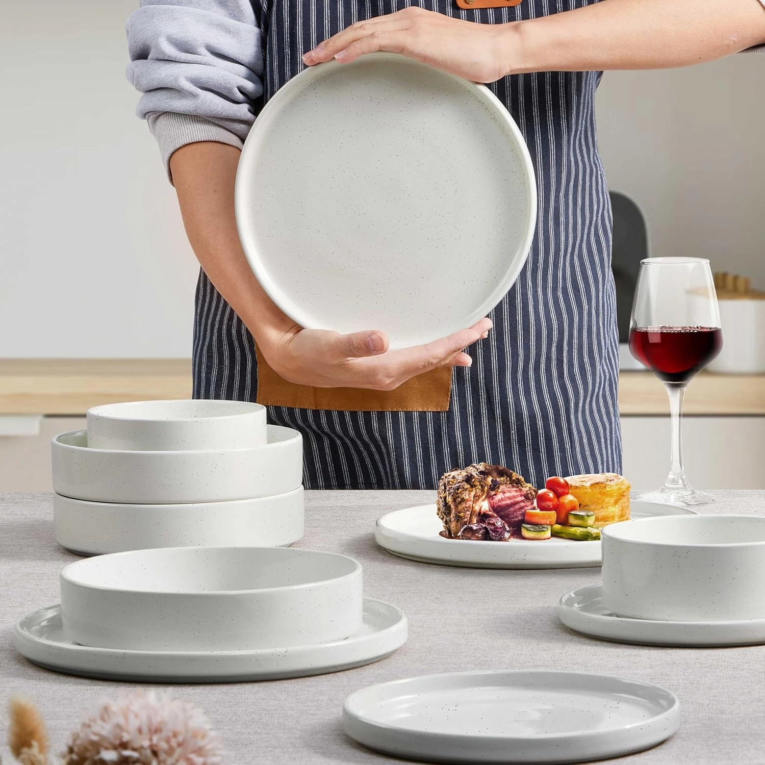 Herogo 8 Piece Dinnerware Sets with Pasta Bowls for 2, Dinner Salad Plates and Cereal Serving Bowls, Stoneware Dishes Dinner Ware for Kitchen Dinning, Chip & Scratch Resistant Dishware, Speckled White