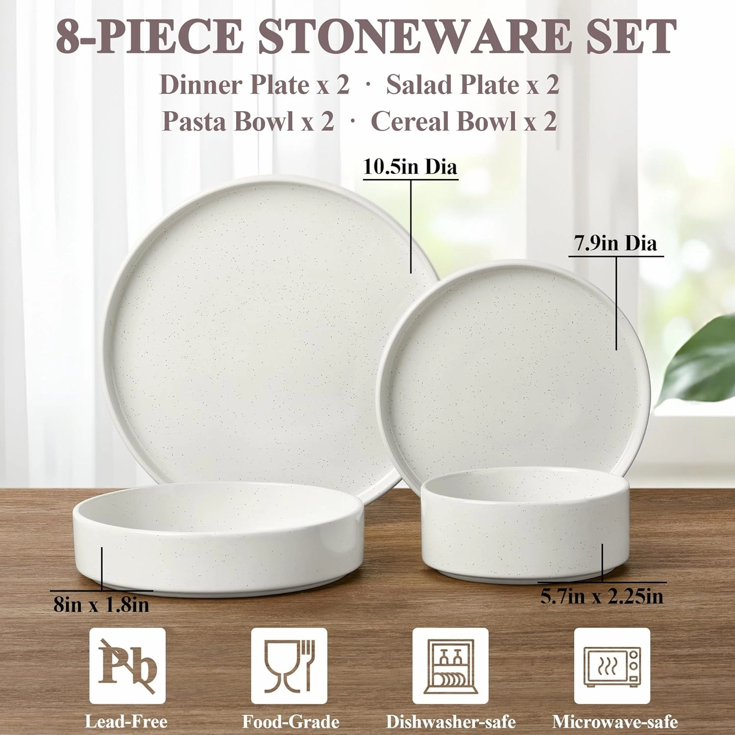 Herogo 8 Piece Dinnerware Sets with Pasta Bowls for 2, Dinner Salad Plates and Cereal Serving Bowls, Stoneware Dishes Dinner Ware for Kitchen Dinning, Chip & Scratch Resistant Dishware, Speckled White