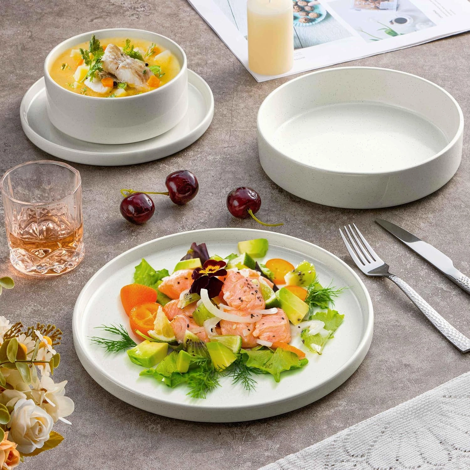 Herogo 8 Piece Dinnerware Sets with Pasta Bowls for 2, Dinner Salad Plates and Cereal Serving Bowls, Stoneware Dishes Dinner Ware for Kitchen Dinning, Chip & Scratch Resistant Dishware, Speckled White
